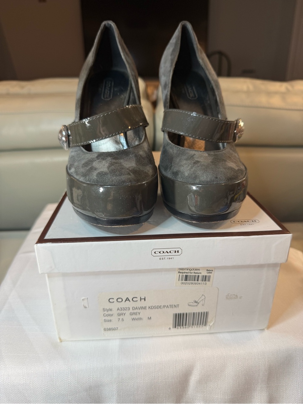 Coach Gray Suede & Patent Mary Jane Platform Heels